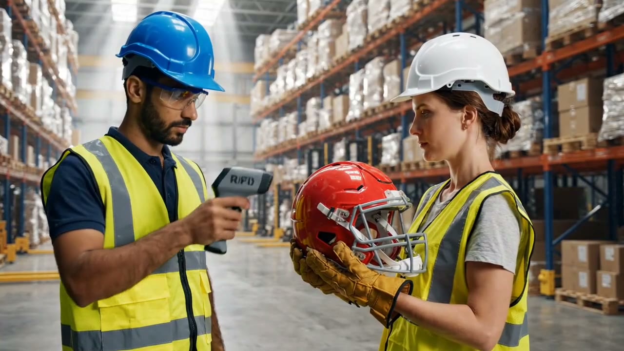 Frame from an AI-generated product demo of two warehouse workers scanning a helmet